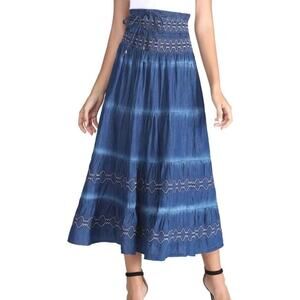 NWT Femiserah Bohemian Embroidered A-Line Smocked Waist Long Maxi Denim Skirt L